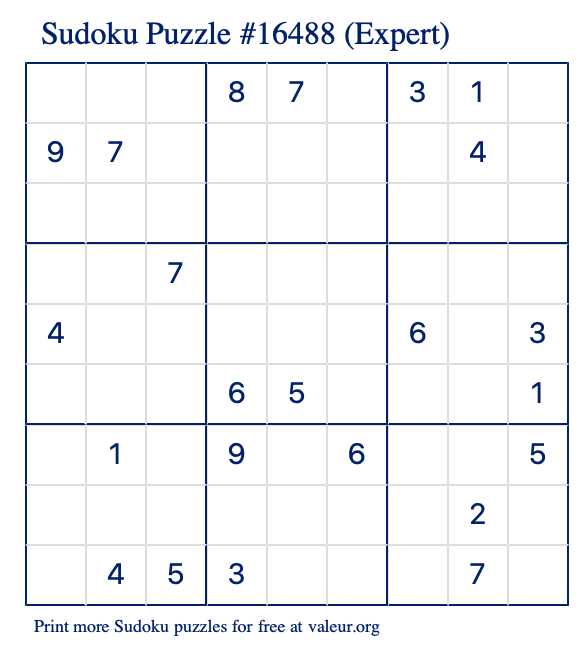 Free Printable Expert Sudoku Puzzle number 16488