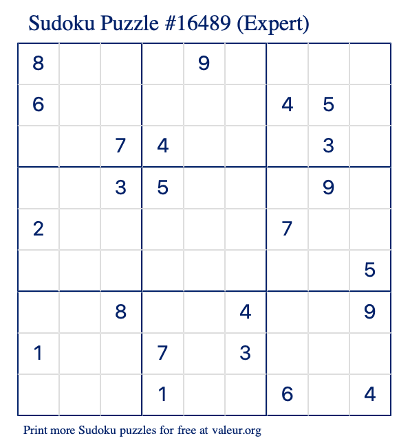 Free Printable Expert Sudoku Puzzle number 16489