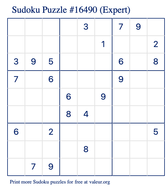 Free Printable Expert Sudoku Puzzle number 16490