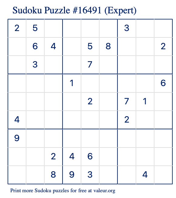 Free Printable Expert Sudoku Puzzle number 16491