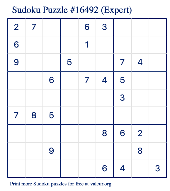 Free Printable Expert Sudoku Puzzle number 16492