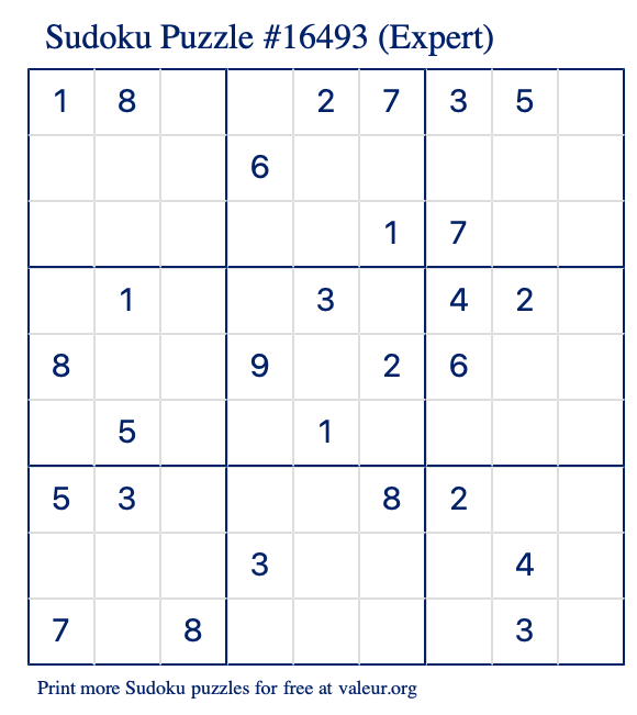 Free Printable Expert Sudoku Puzzle number 16493