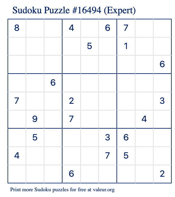 Free Printable Expert Sudoku Puzzle number 16494