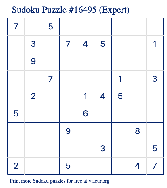 Free Printable Expert Sudoku Puzzle number 16495