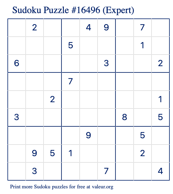 Free Printable Expert Sudoku Puzzle number 16496