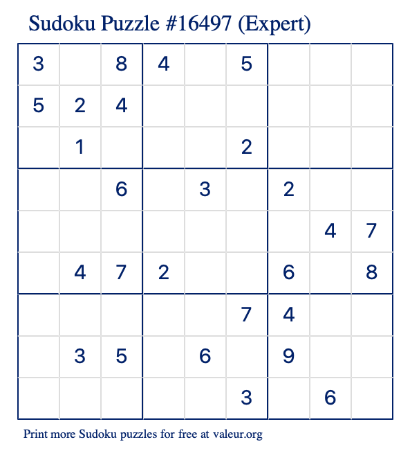 Free Printable Expert Sudoku Puzzle number 16497