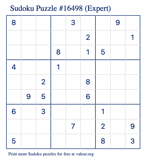 Free Printable Expert Sudoku Puzzle number 16498
