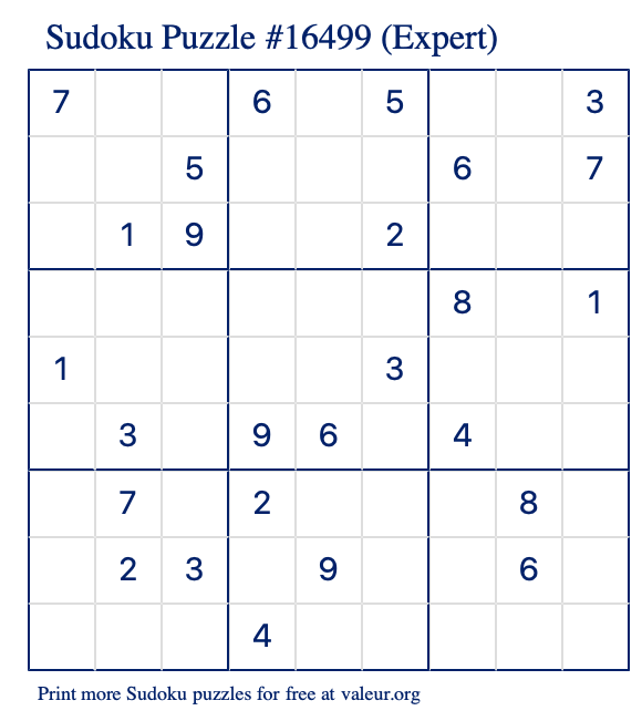 Free Printable Expert Sudoku Puzzle number 16499