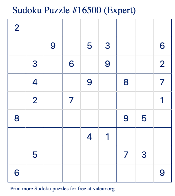 Free Printable Expert Sudoku Puzzle number 16500