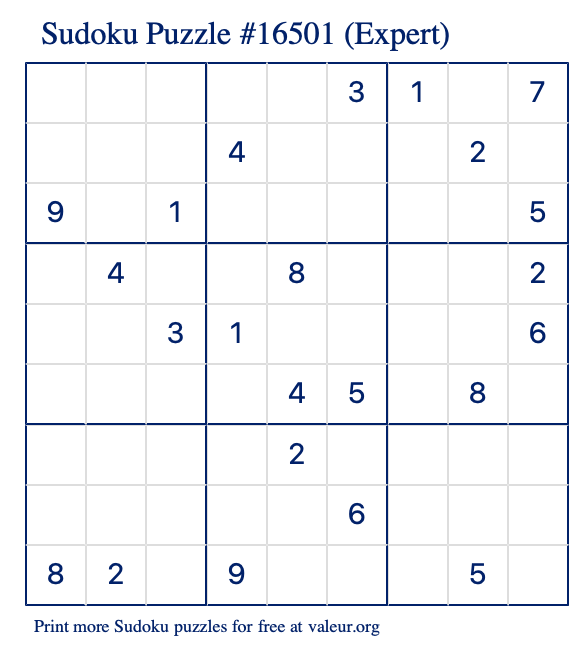 Free Printable Expert Sudoku Puzzle number 16501