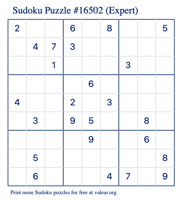 Free Printable Expert Sudoku Puzzle number 16502
