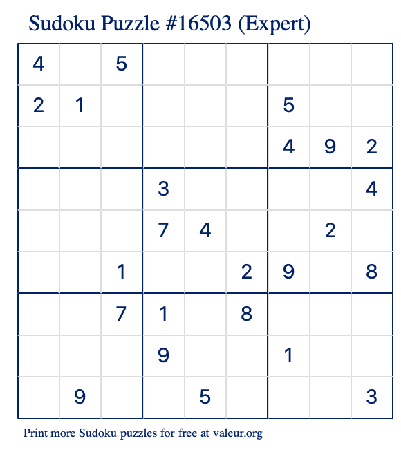 Free Printable Expert Sudoku Puzzle number 16503