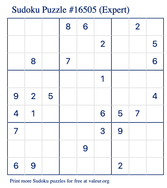 Free Printable Expert Sudoku Puzzle number 16505