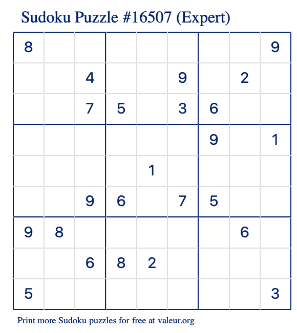 Free Printable Expert Sudoku Puzzle number 16507