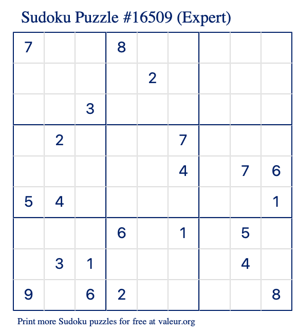 Free Printable Expert Sudoku Puzzle number 16509