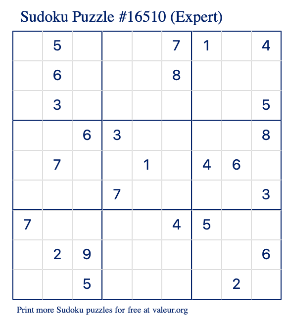 Free Printable Expert Sudoku Puzzle number 16510