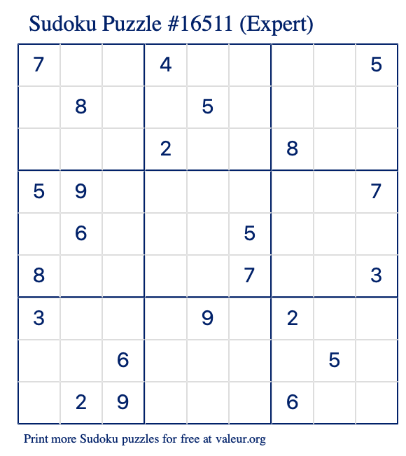 Free Printable Expert Sudoku Puzzle number 16511