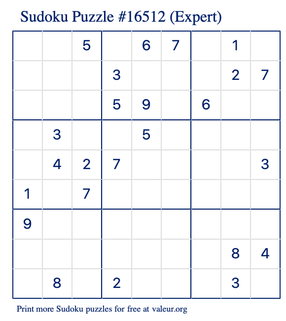 Free Printable Expert Sudoku Puzzle number 16512