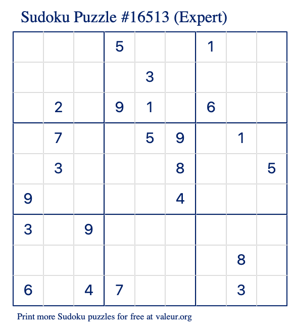 Free Printable Expert Sudoku Puzzle number 16513