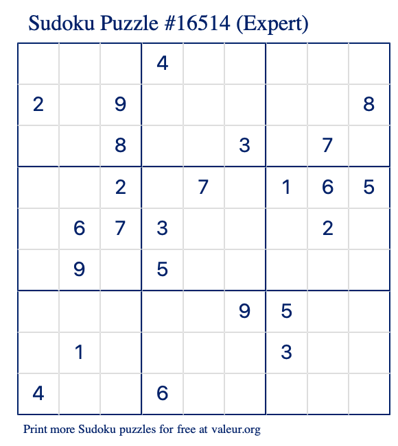 Free Printable Expert Sudoku Puzzle number 16514