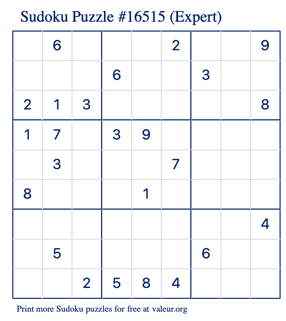 Free Printable Expert Sudoku Puzzle number 16515