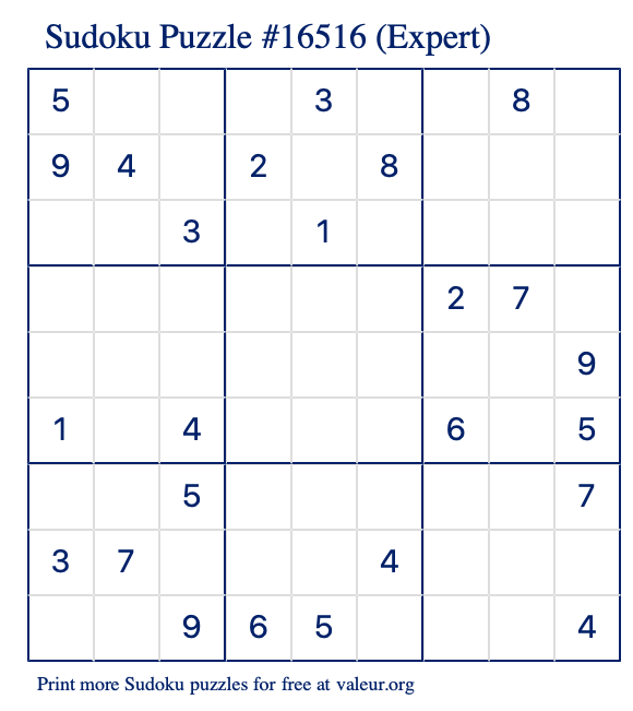 Free Printable Expert Sudoku Puzzle number 16516