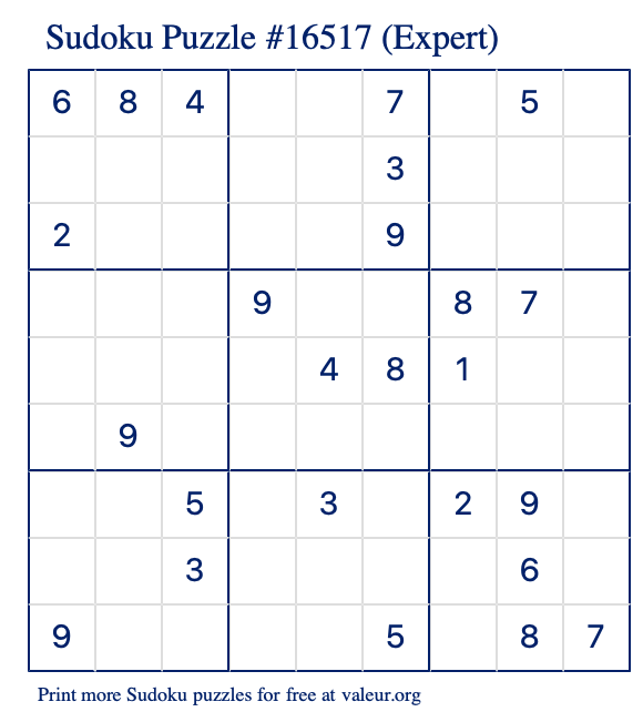 Free Printable Expert Sudoku Puzzle number 16517