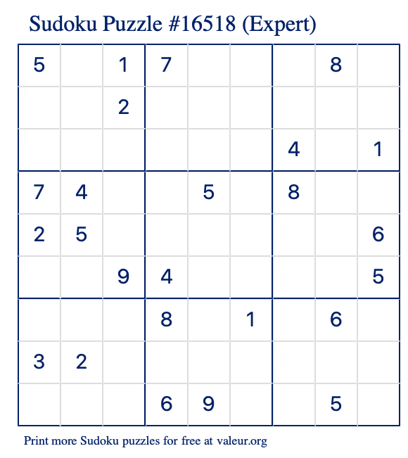 Free Printable Expert Sudoku Puzzle number 16518