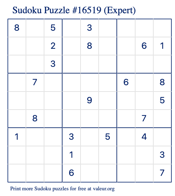 Free Printable Expert Sudoku Puzzle number 16519