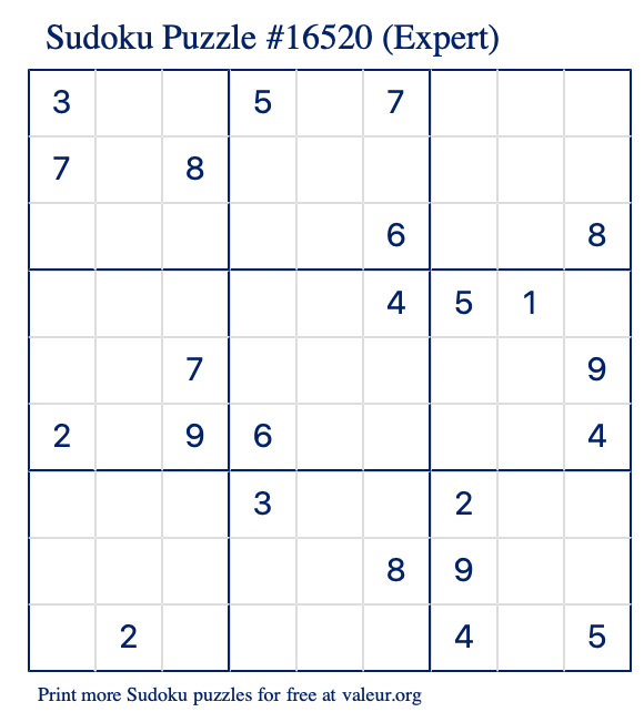 Free Printable Expert Sudoku Puzzle number 16520