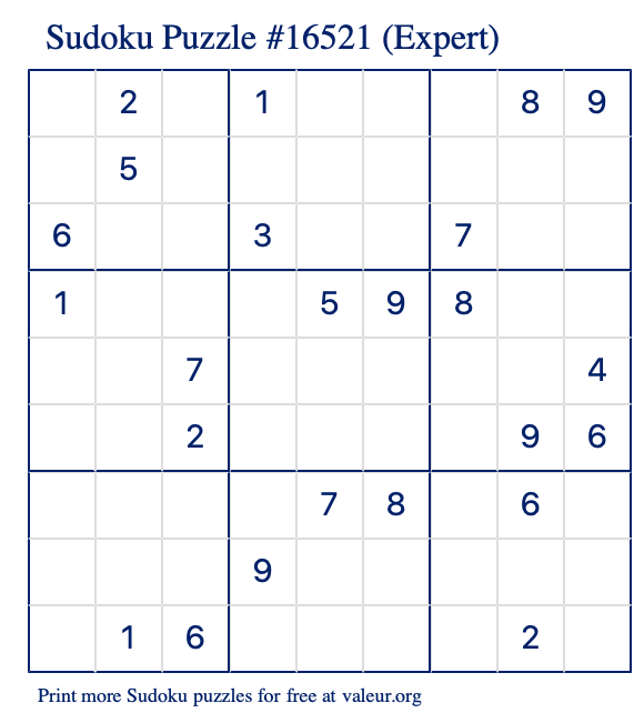 Free Printable Expert Sudoku Puzzle number 16521