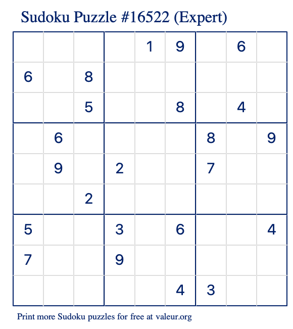 Free Printable Expert Sudoku Puzzle number 16522