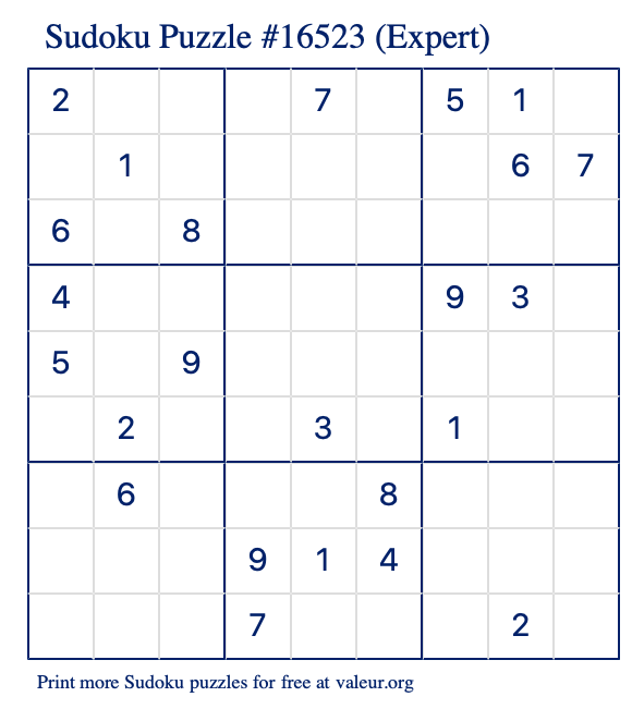 Free Printable Expert Sudoku Puzzle number 16523