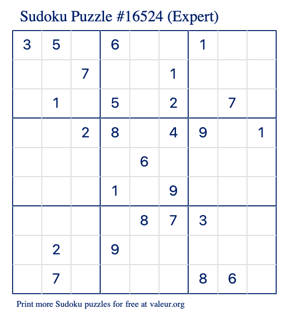 Free Printable Expert Sudoku Puzzle number 16524