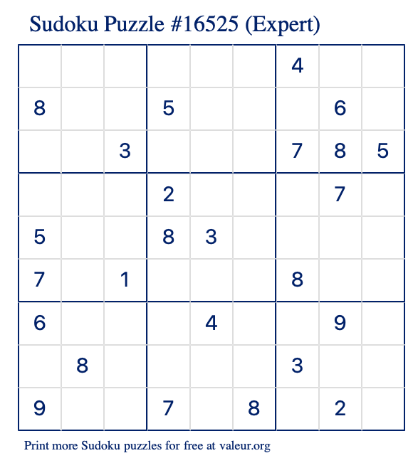 Free Printable Expert Sudoku Puzzle number 16525