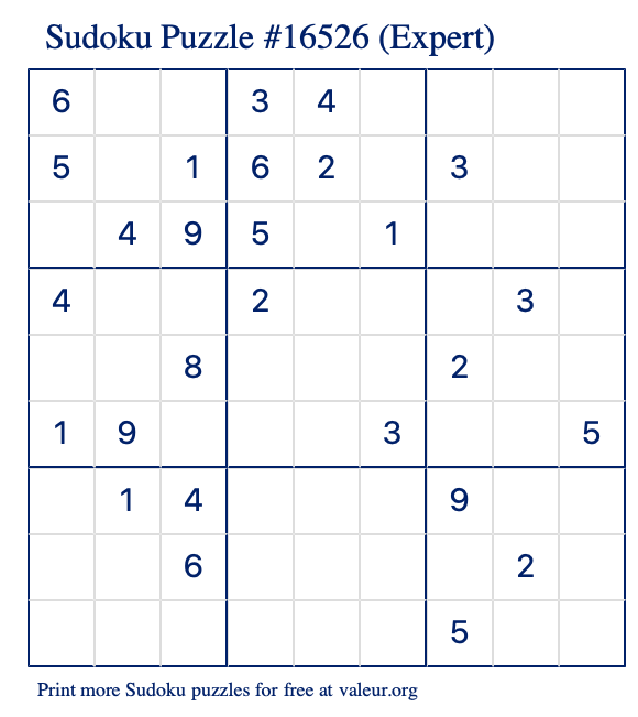 Free Printable Expert Sudoku Puzzle number 16526