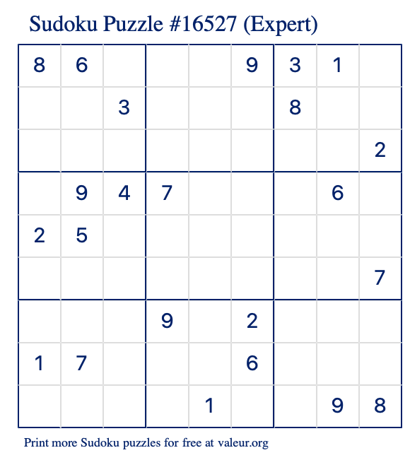 Free Printable Expert Sudoku Puzzle number 16527