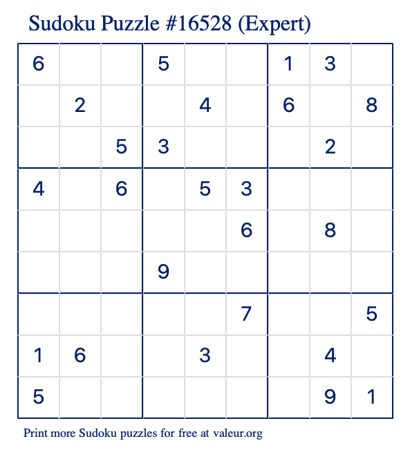 Free Printable Expert Sudoku Puzzle number 16528