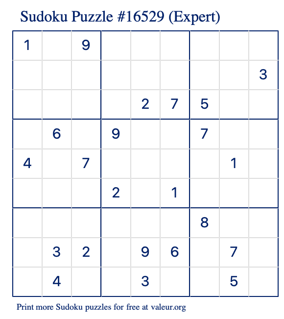 Free Printable Expert Sudoku Puzzle number 16529