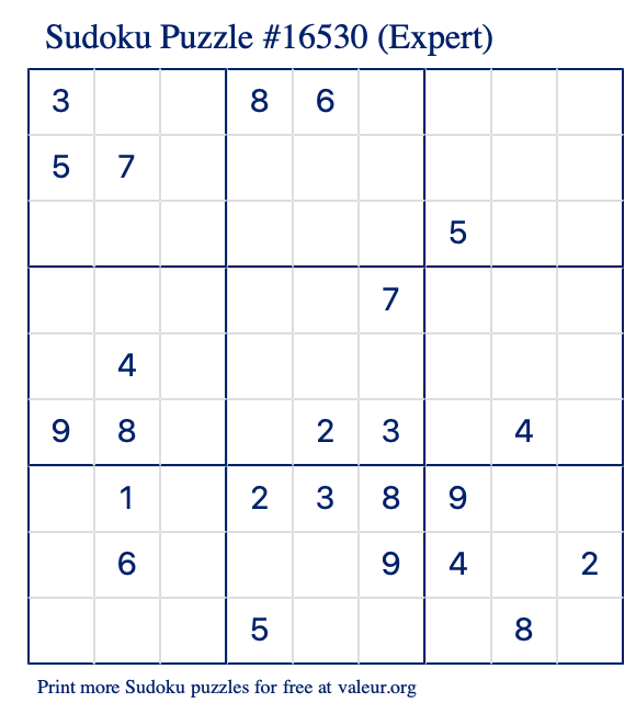 Free Printable Expert Sudoku Puzzle number 16530