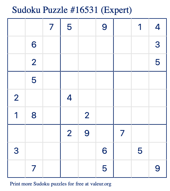 Free Printable Expert Sudoku Puzzle number 16531