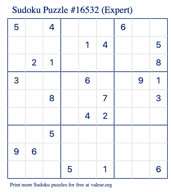 Free Printable Expert Sudoku Puzzle number 16532