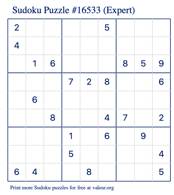 Free Printable Expert Sudoku Puzzle number 16533