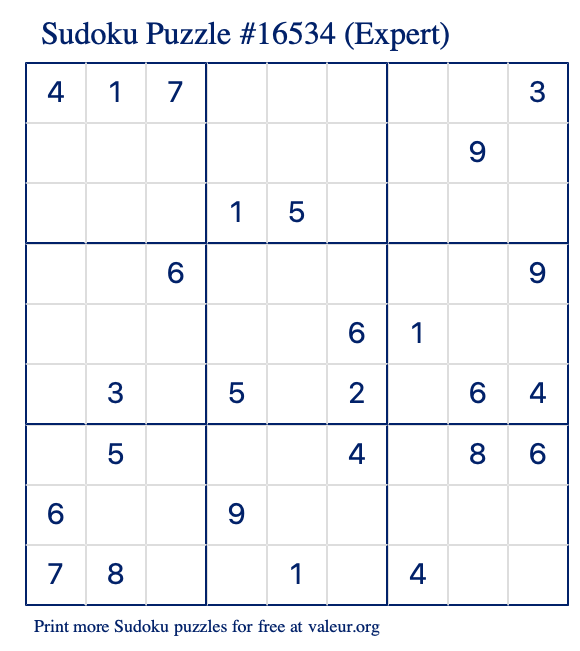 Free Printable Expert Sudoku Puzzle number 16534