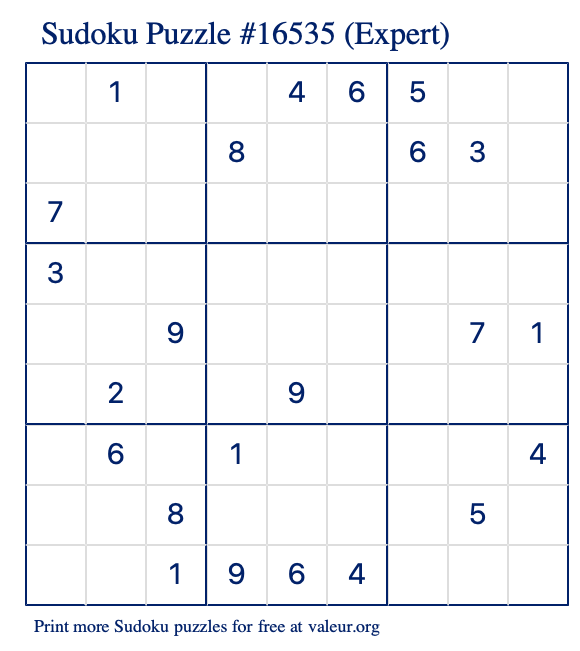 Free Printable Expert Sudoku Puzzle number 16535