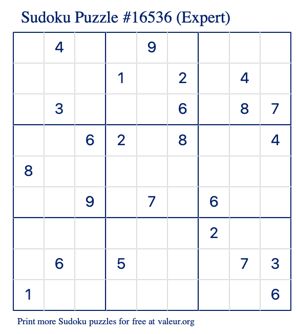 Free Printable Expert Sudoku Puzzle number 16536