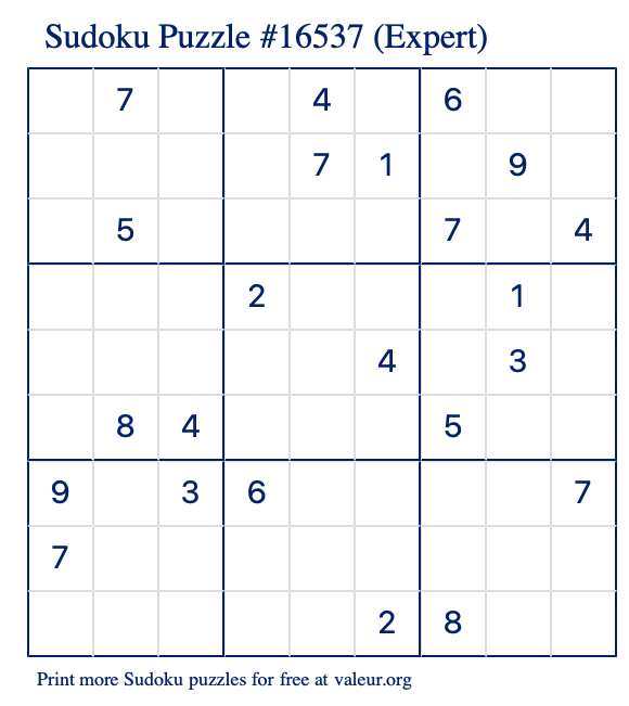 Free Printable Expert Sudoku Puzzle number 16537