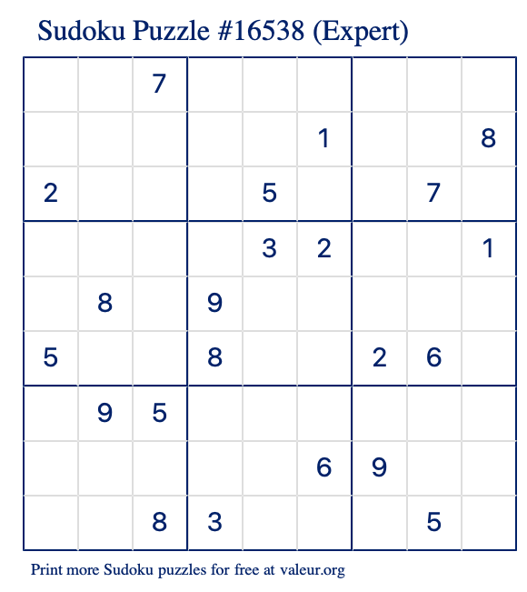 Free Printable Expert Sudoku Puzzle number 16538