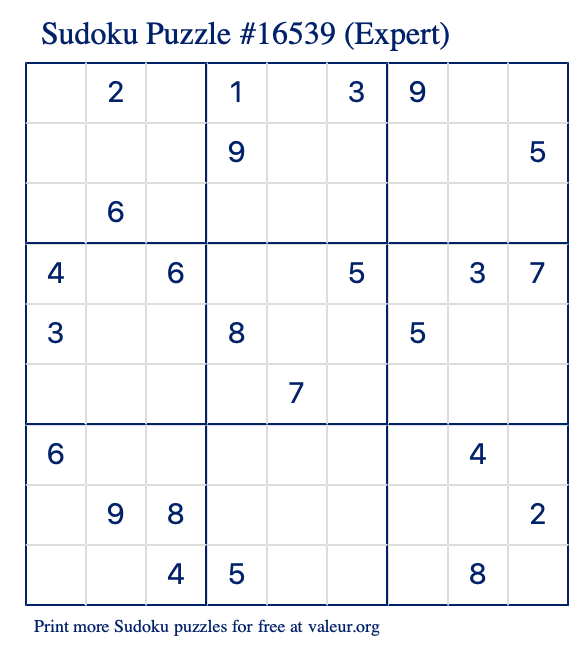 Free Printable Expert Sudoku Puzzle number 16539