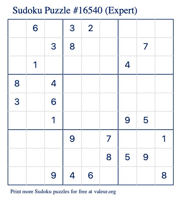 Free Printable Expert Sudoku Puzzle number 16540